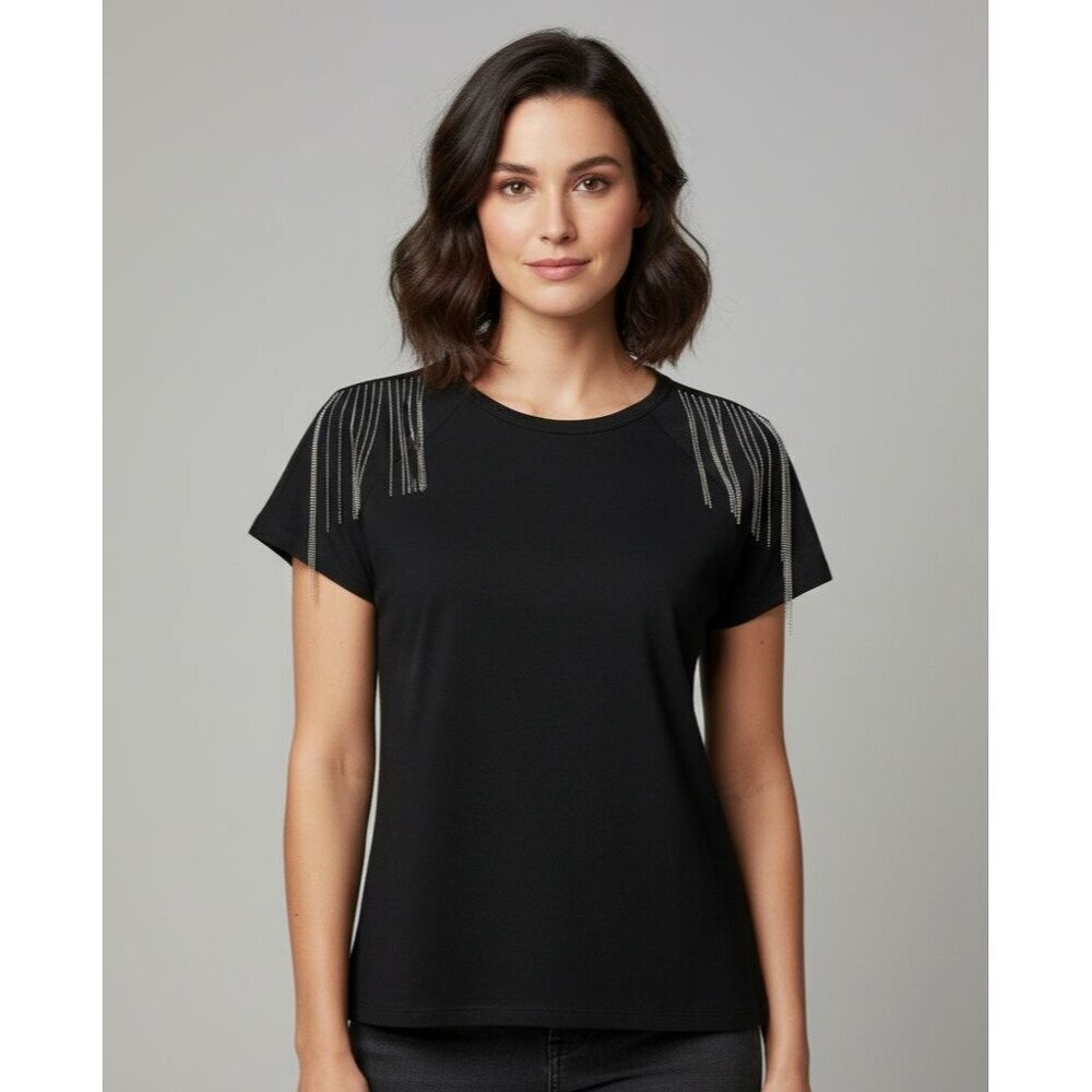 Rebecca Minkoff Black Knit Top Large Silver Bead Fringe Short Sleeves Designer